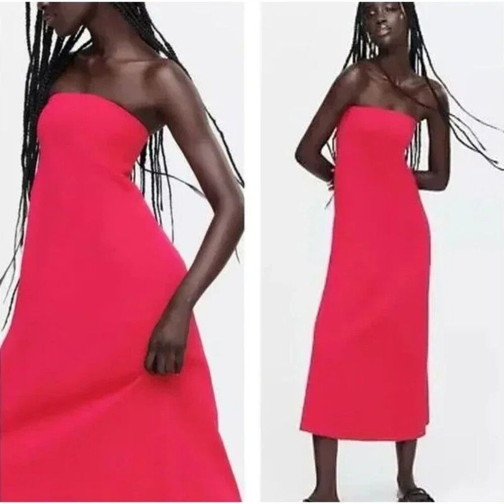 NEW ZARA Strapless Pink Maxi Dress Women Large Fuchsia Pink Fit Flare Knit - Picture 3 of 11